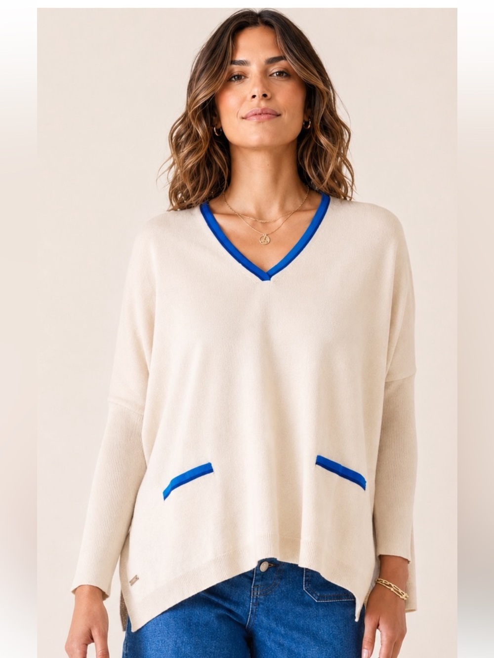 Mersea Catalina v-neck oversized sweater Cream with tidepool blue trim coastal